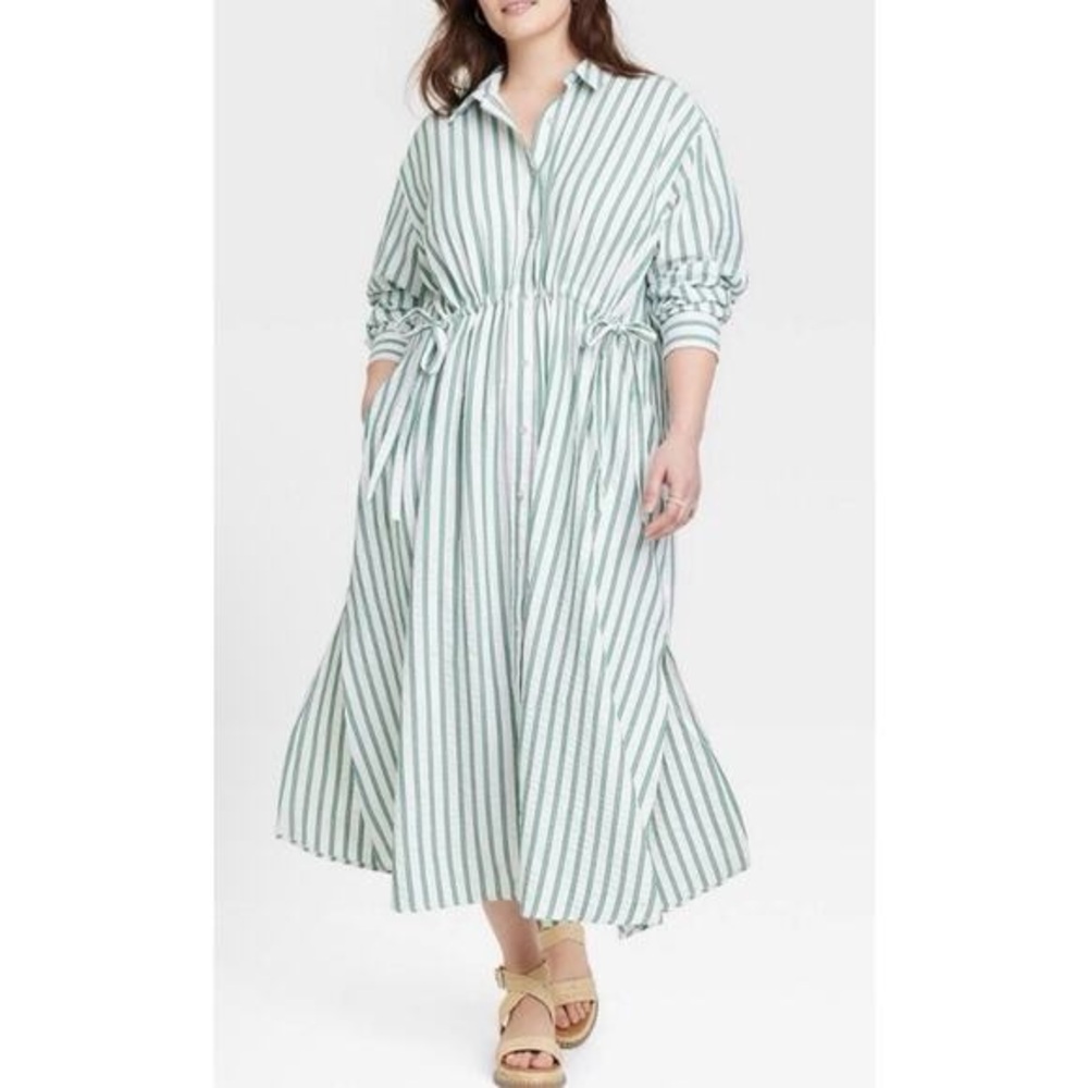 Universal Thread Green and White Striped Maxi Shirt Dress